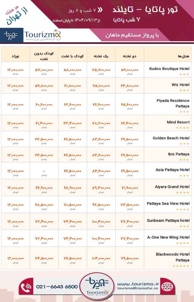 لیست قیمت تور پاتایا 7 شب و 8 روز توریزما تراول