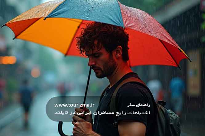 مردی با چتر در دست در سفر به تایلند