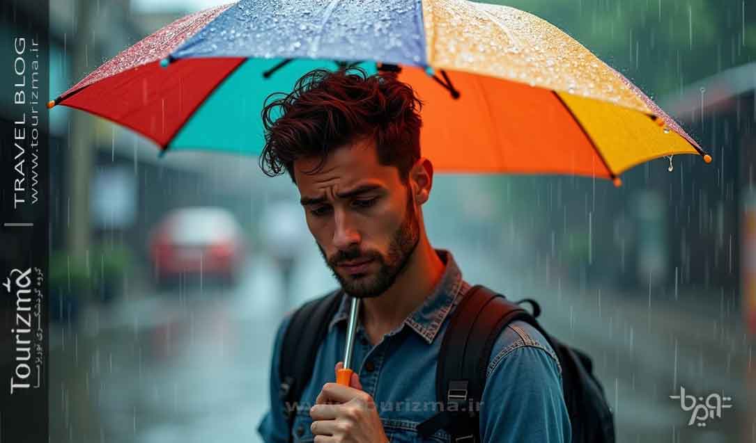 مردی با چتر زیر باران موسمی در تایلند 